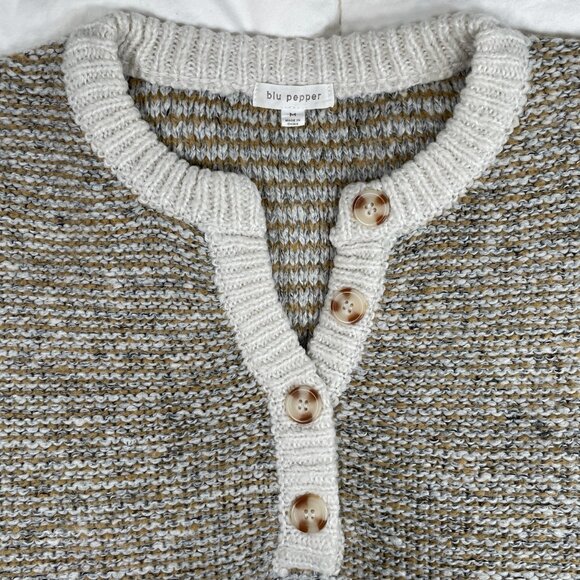 Blu Pepper Marled Knit Long Sleeve Taupe Pullover Sweater Split Neckline Size M - Picture 6 of 13